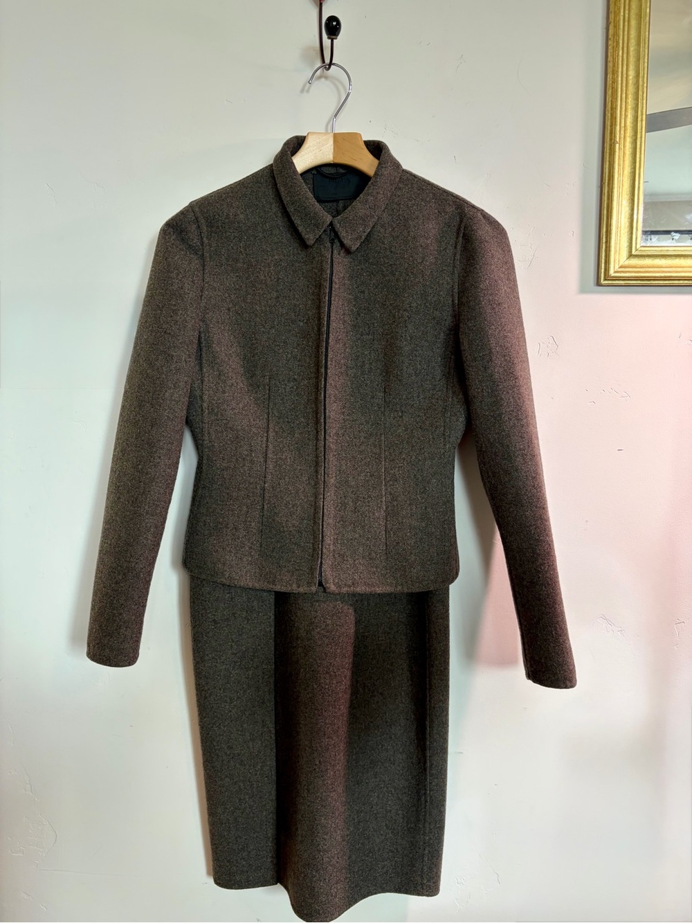 Vintage 90s Prada Brown Gray Wool Zip Jacket Pencil Skirt Suit IT 42